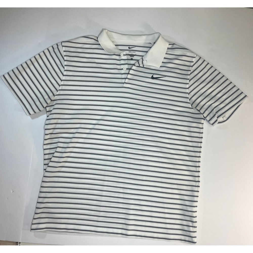 Nike Mens Dri-FIT Striped Polo Shirt White Black‎ Short Sleeve Large Golf Tennis